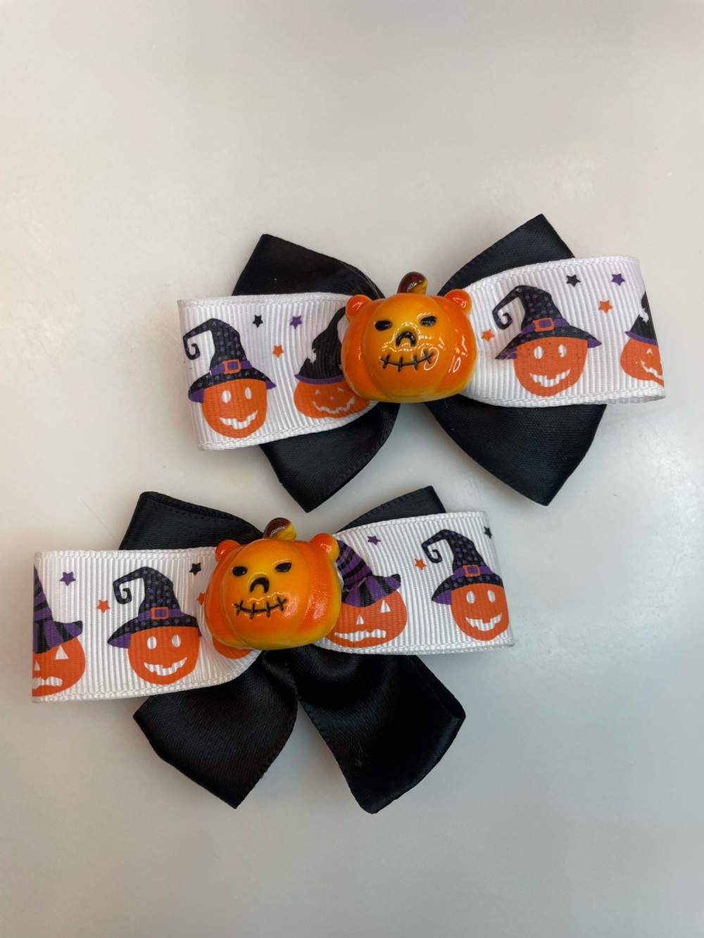 Halloween Pumpkin Witch Ribbon Hair Bow - Black and Orange